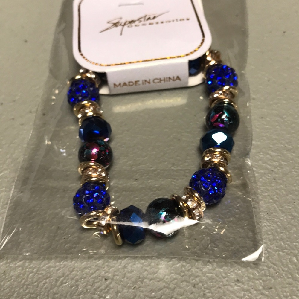 NIP Blue Gold Rhinestone Stretch Bracelet